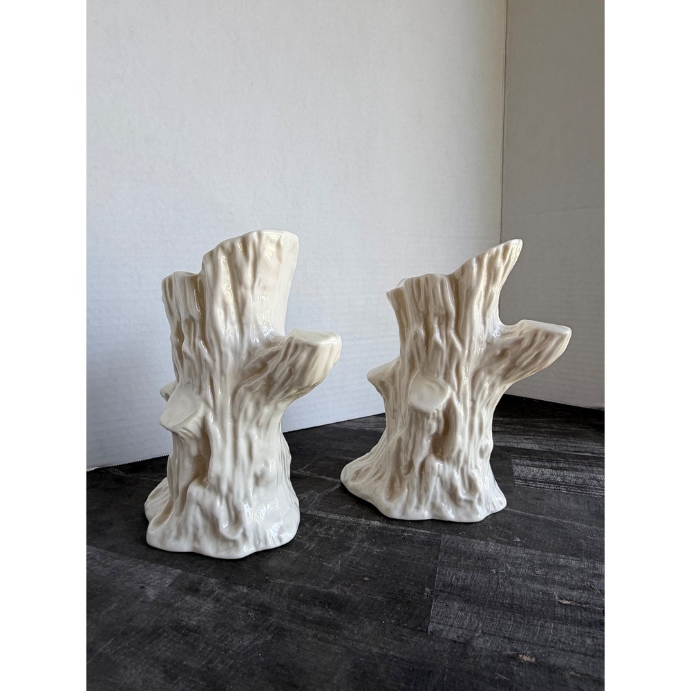 Belleek Ireland Parian China Tree Trunk Vases Pair Green Mark Cream Ivory 6.25in